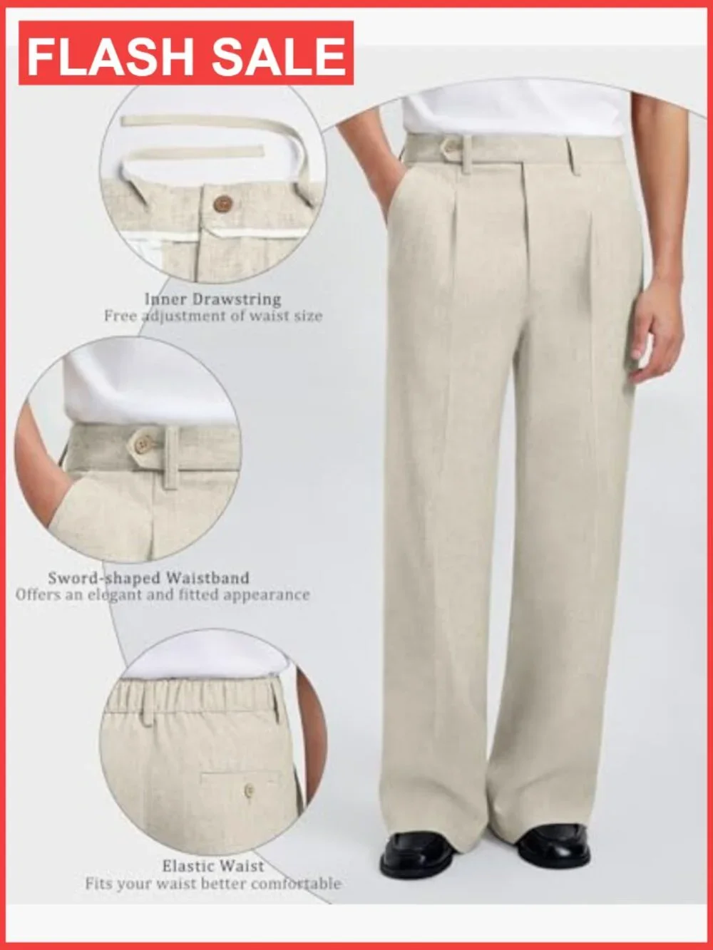 Men's Linen Wide Leg Trousers, Pleated Baggy Dress Pants